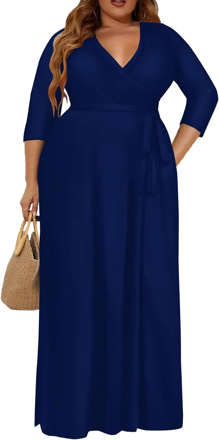 Plus Size Dress for Women - 3/4 Sleeve V-Neck Maxi Dress for Women with Belt and Pockets （2XL-6XL