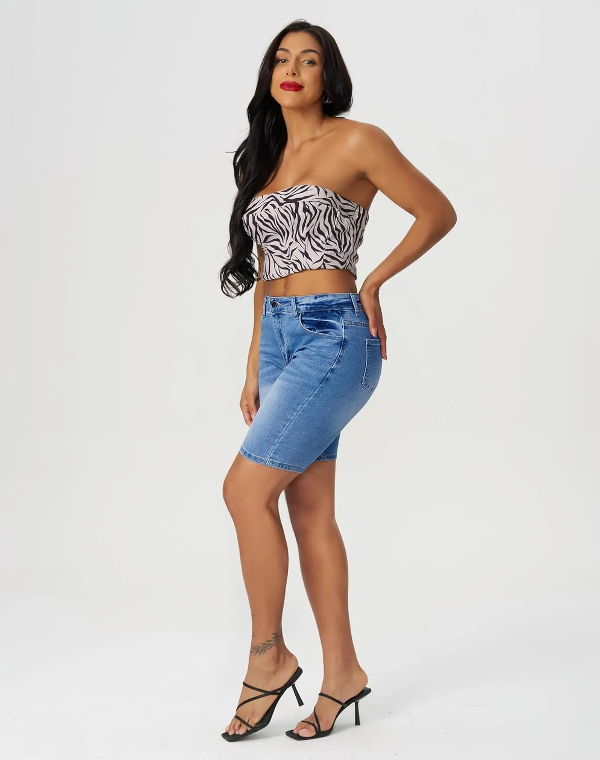 roswear Women's High Waisted Bermuda Shorts Stretchy Knee Length Jean Shorts