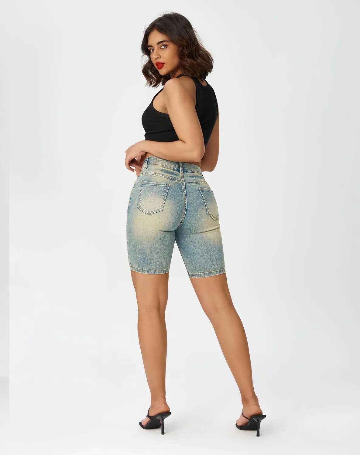 roswear Women's High Waisted Bermuda Shorts Stretchy Knee Length Jean Shorts