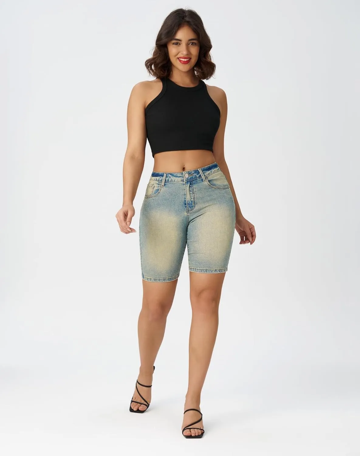roswear Women's High Waisted Bermuda Shorts Stretchy Knee Length Jean Shorts