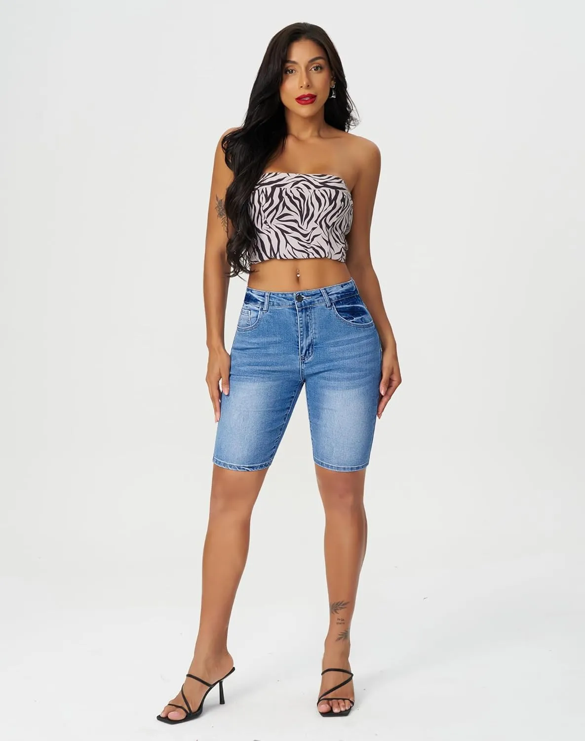 roswear Women's High Waisted Bermuda Shorts Stretchy Knee Length Jean Shorts