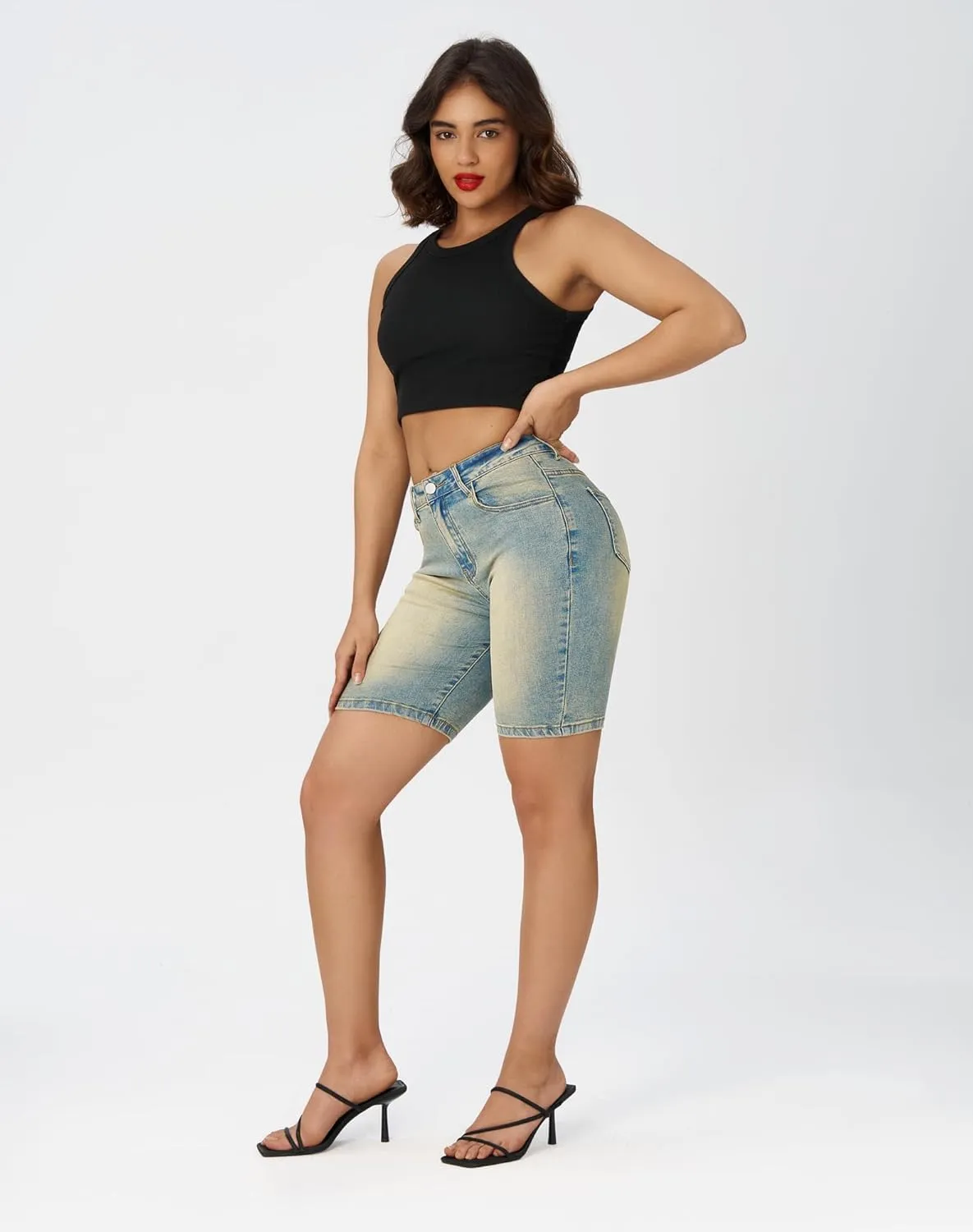 roswear Women's High Waisted Bermuda Shorts Stretchy Knee Length Jean Shorts