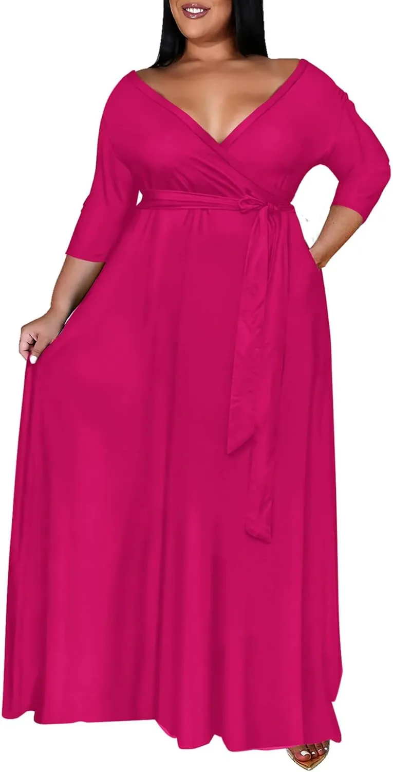 Runwind Plus Size Dress for Women - 3/4 Sleeve V Neck Printing Maxi Dresses for Women （XL-6XL）