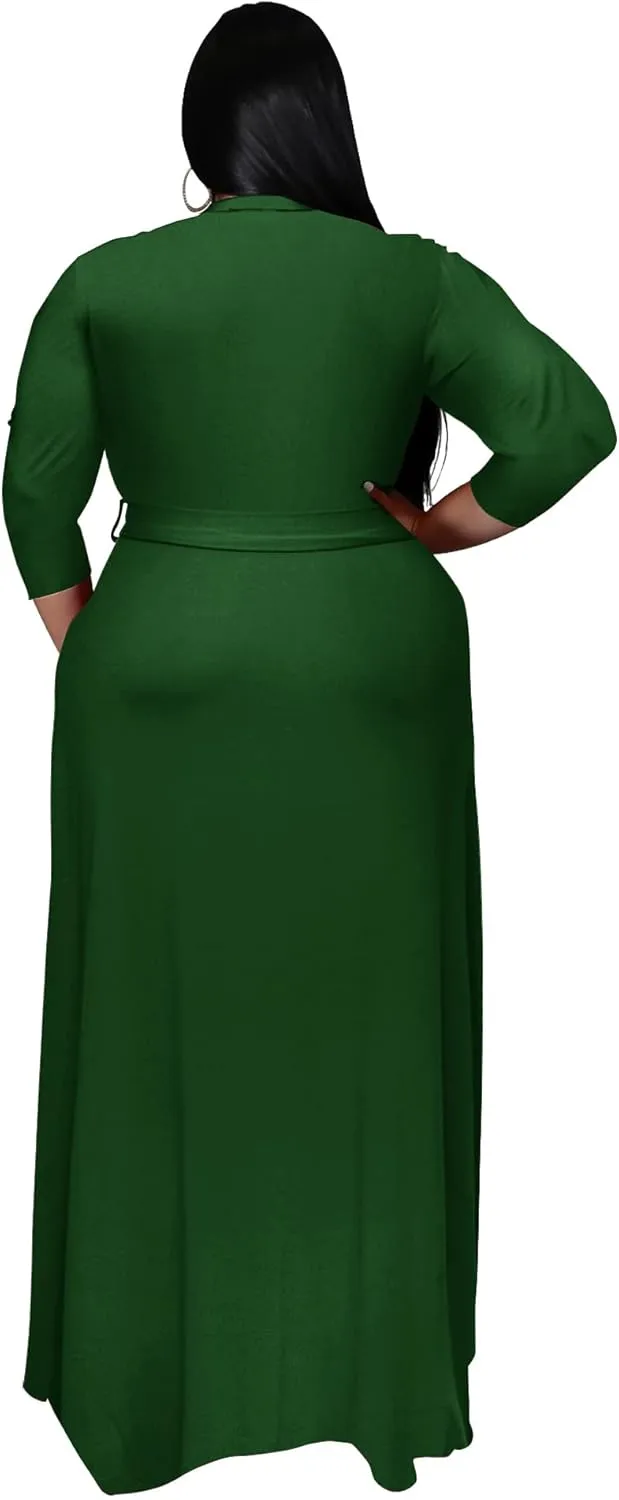 Runwind Plus Size Dress for Women - 3/4 Sleeve V Neck Printing Maxi Dresses for Women （XL-6XL）