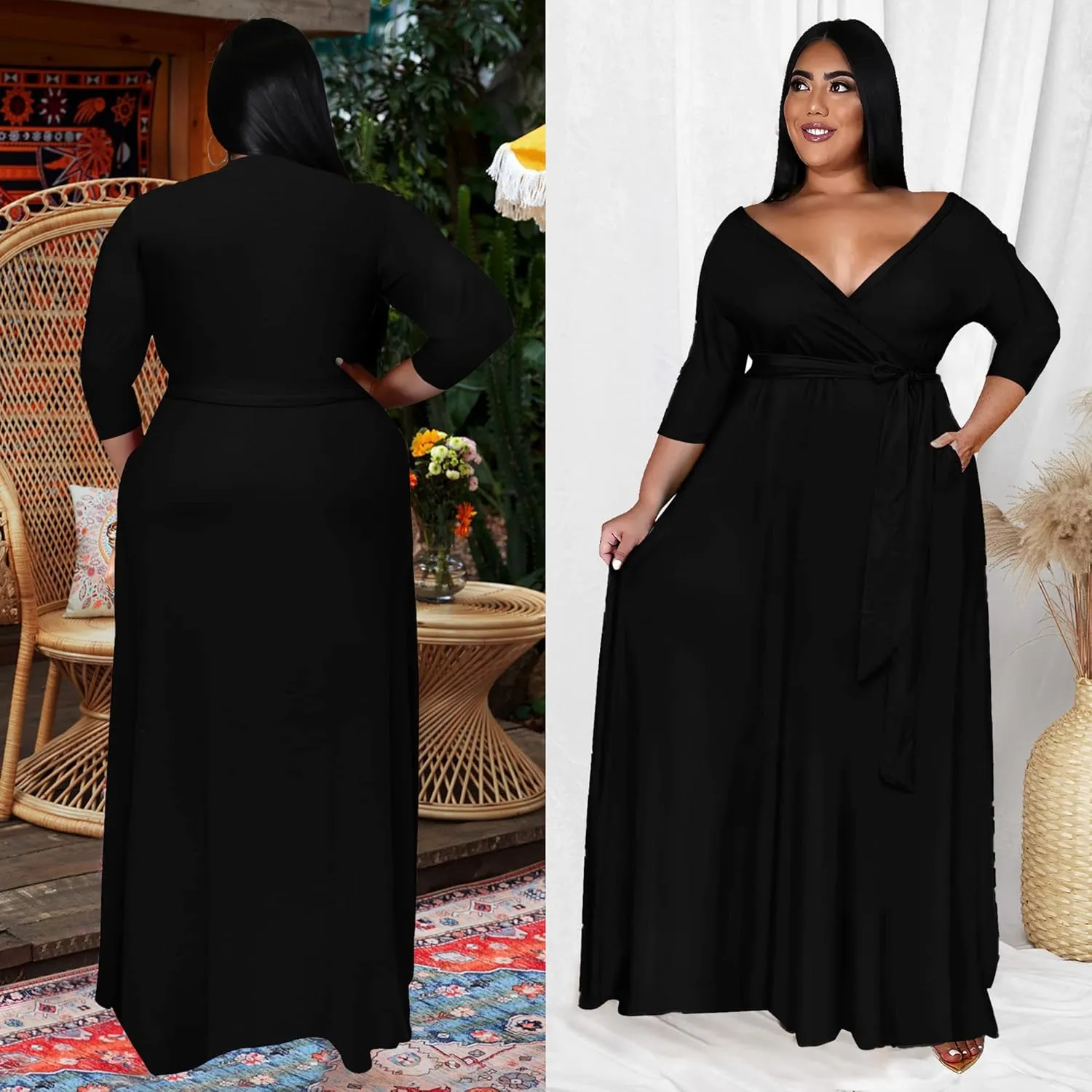 Runwind Plus Size Dress for Women - 3/4 Sleeve V Neck Printing Maxi Dresses for Women （XL-6XL）