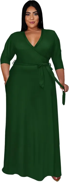 Runwind Plus Size Dress for Women - 3/4 Sleeve V Neck Printing Maxi Dresses for Women （XL-6XL）