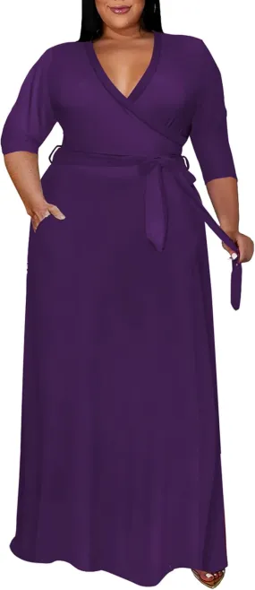 Runwind Plus Size Dress for Women - 3/4 Sleeve V Neck Printing Maxi Dresses for Women （XL-6XL）