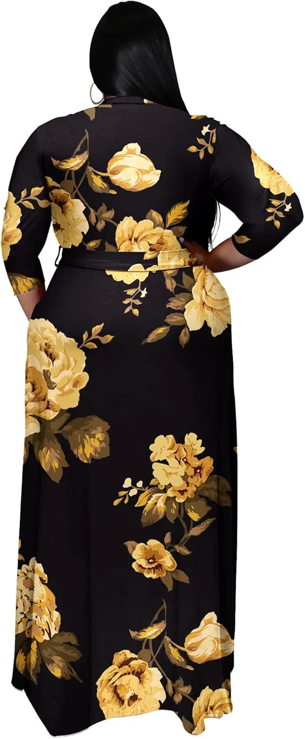 Runwind Plus Size Dress for Women - 3/4 Sleeve V Neck Printing Maxi Dresses for Women （XL-6XL）