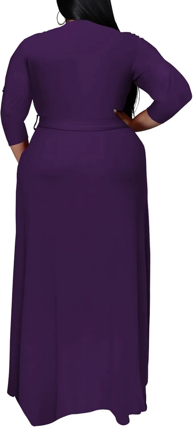 Runwind Plus Size Dress for Women - 3/4 Sleeve V Neck Printing Maxi Dresses for Women （XL-6XL）