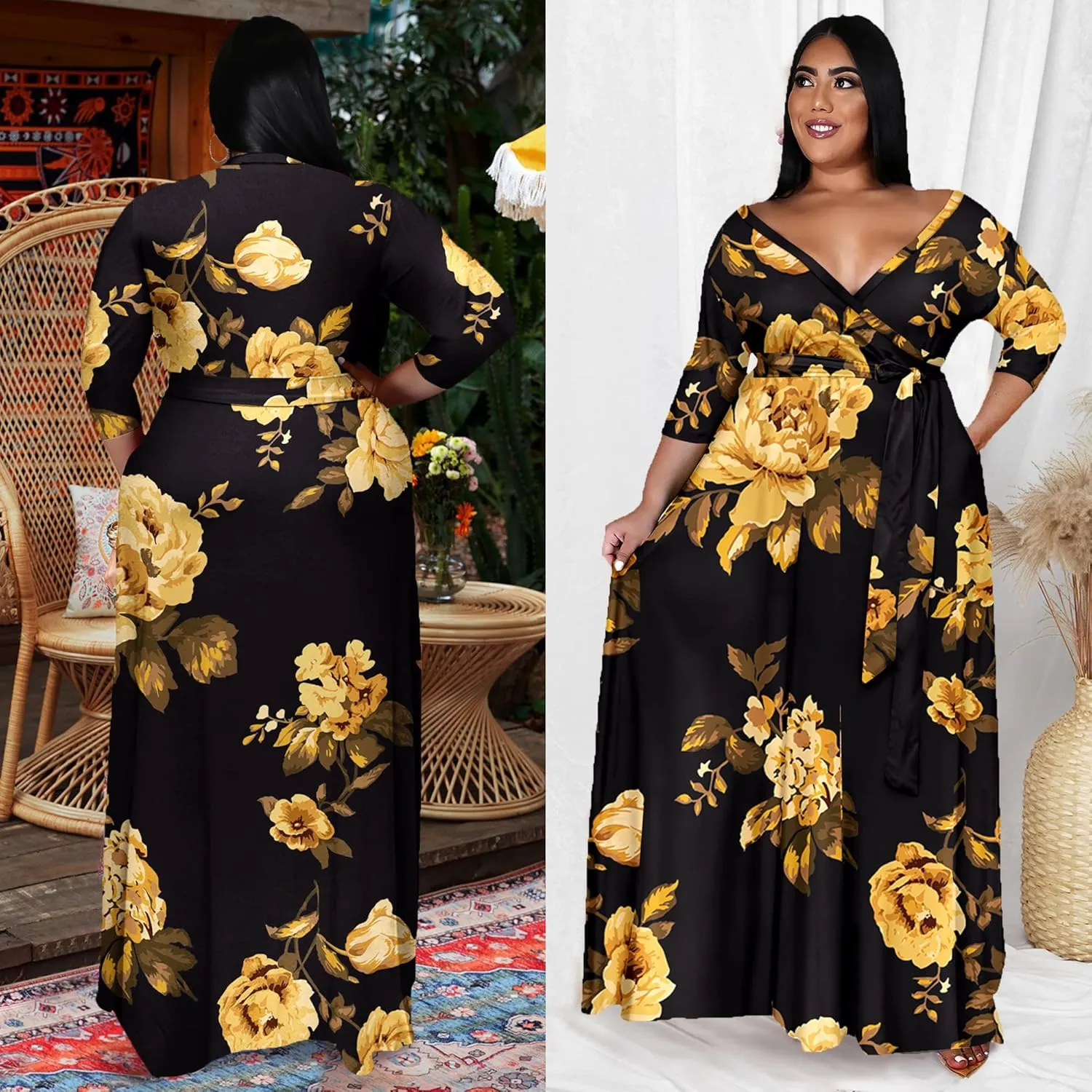 Runwind Plus Size Dress for Women - 3/4 Sleeve V Neck Printing Maxi Dresses for Women （XL-6XL）