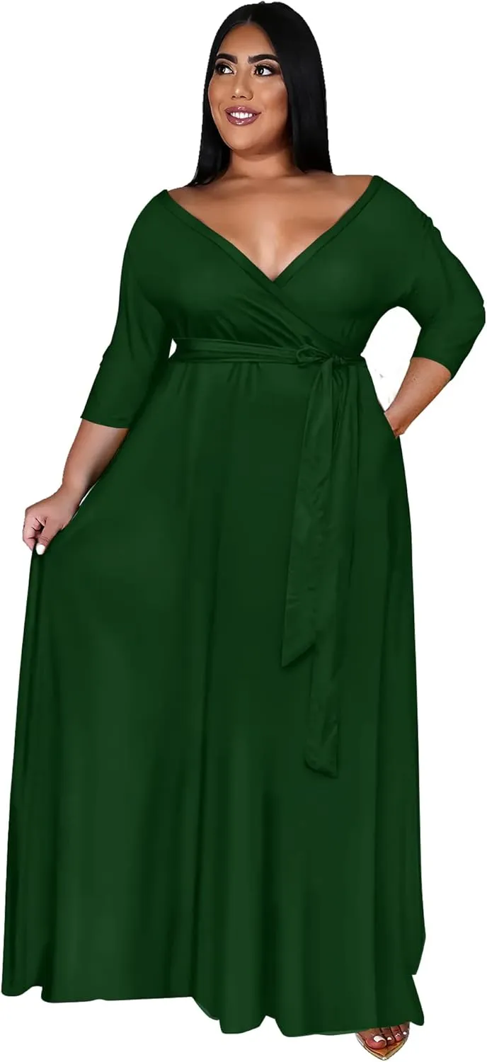 Runwind Plus Size Dress for Women - 3/4 Sleeve V Neck Printing Maxi Dresses for Women （XL-6XL）