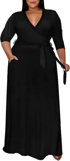 Runwind Plus Size Dress for Women - 3/4 Sleeve V Neck Printing Maxi Dresses for Women （XL-6XL）