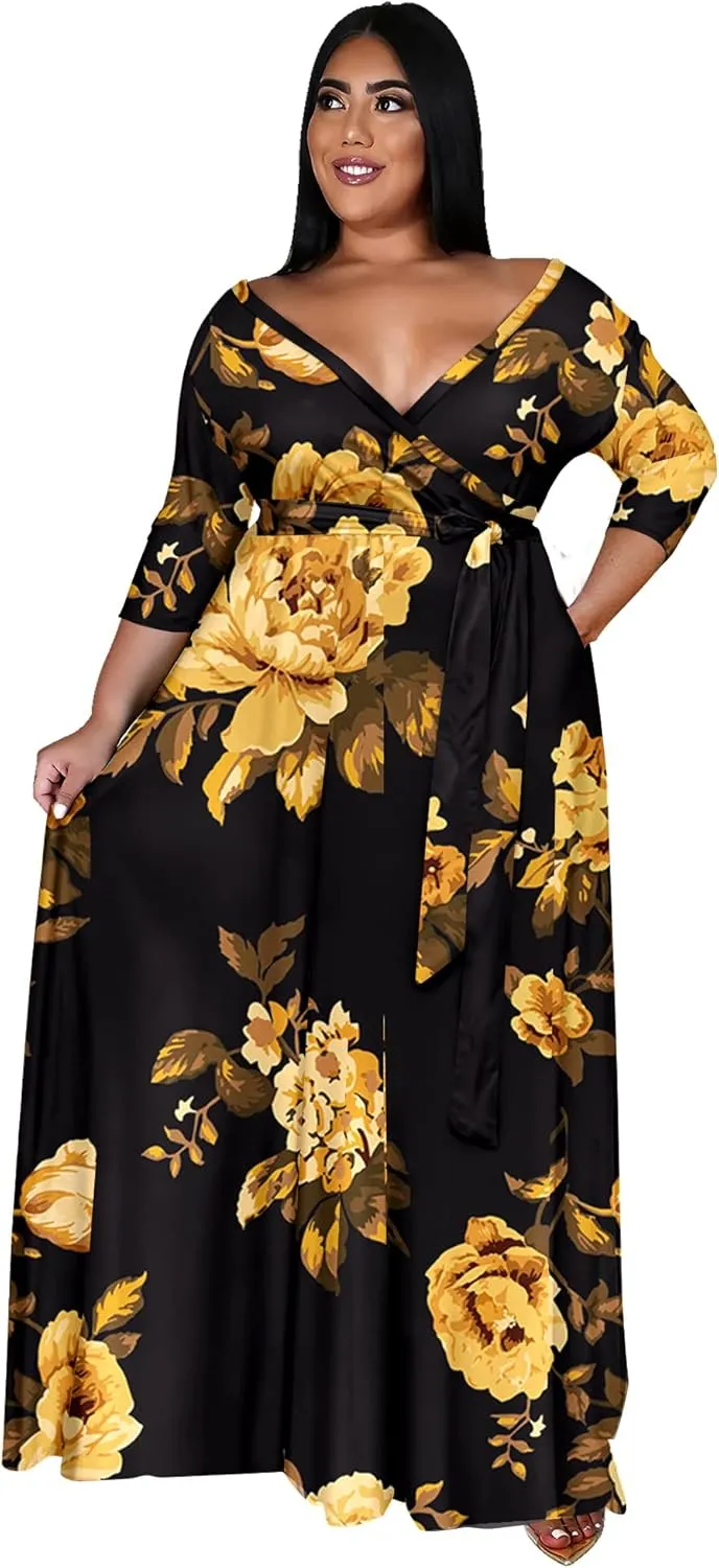 Runwind Plus Size Dress for Women - 3/4 Sleeve V Neck Printing Maxi Dresses for Women （XL-6XL）