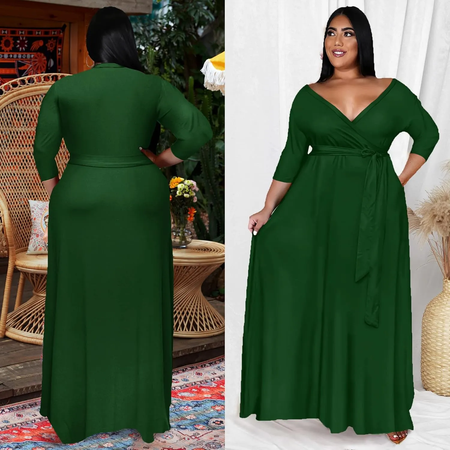 Runwind Plus Size Dress for Women - 3/4 Sleeve V Neck Printing Maxi Dresses for Women （XL-6XL）