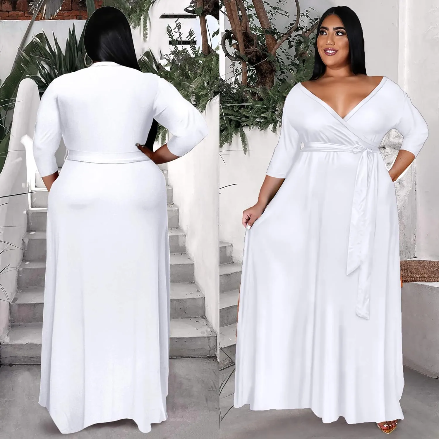 Runwind Plus Size Dress for Women - 3/4 Sleeve V Neck Printing Maxi Dresses for Women （XL-6XL）