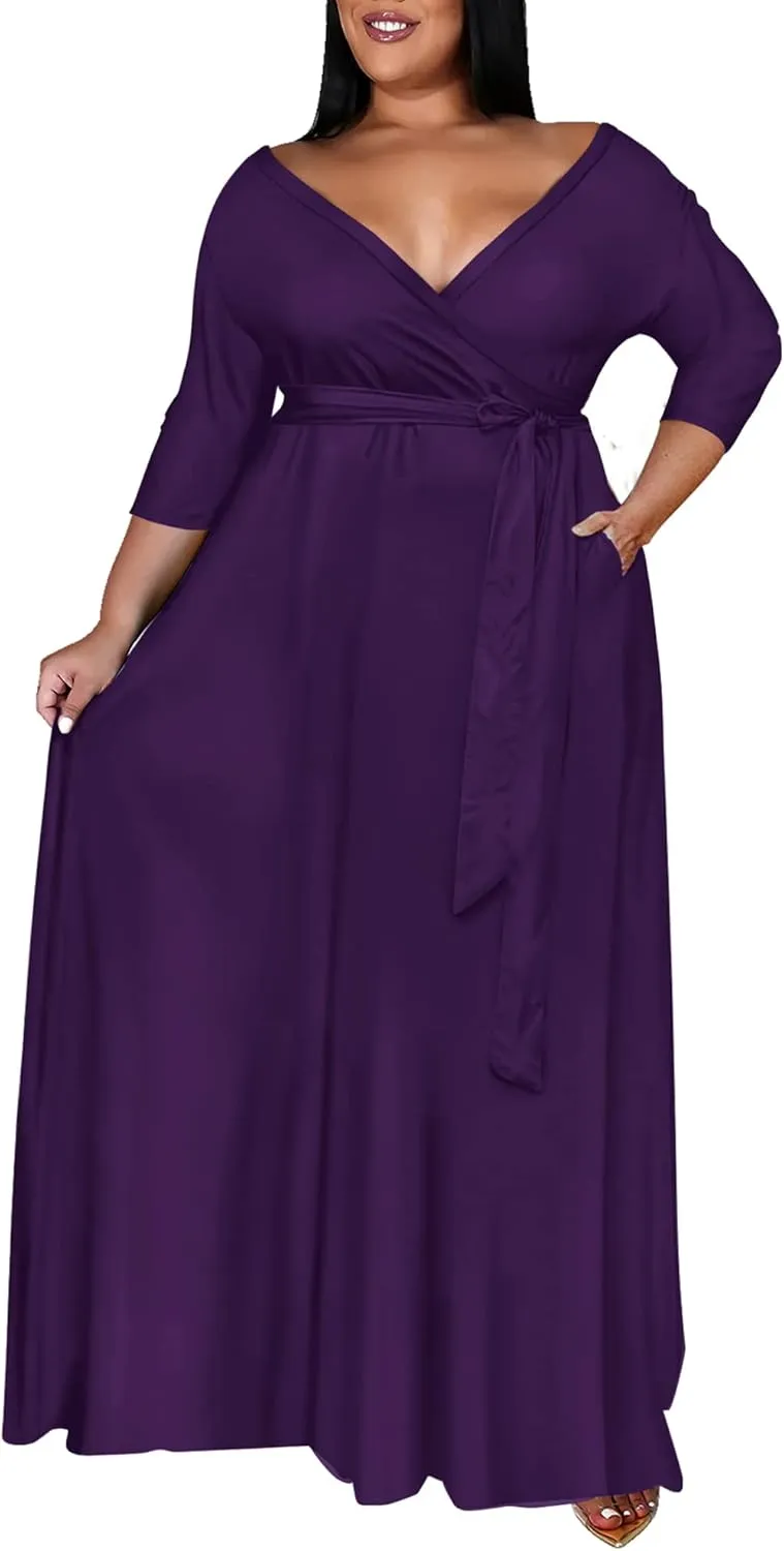 Runwind Plus Size Dress for Women - 3/4 Sleeve V Neck Printing Maxi Dresses for Women （XL-6XL）
