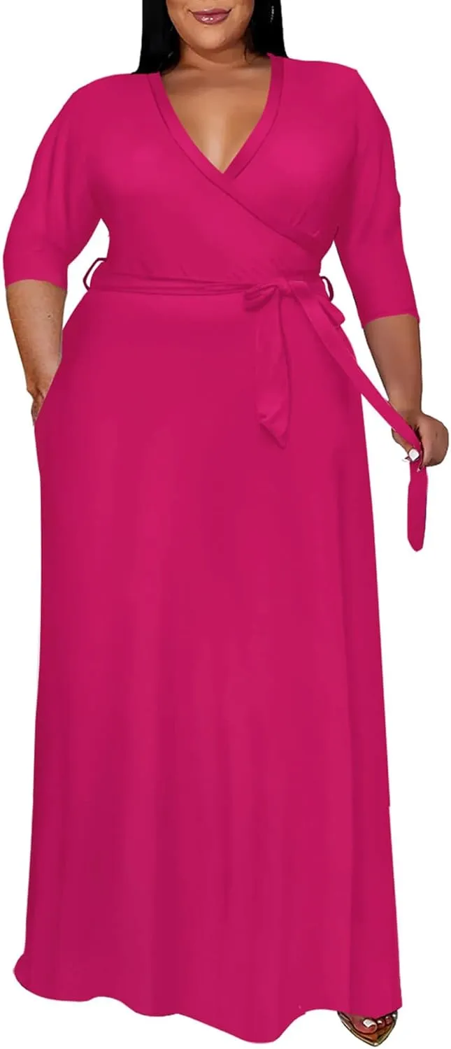 Runwind Plus Size Dress for Women - 3/4 Sleeve V Neck Printing Maxi Dresses for Women （XL-6XL）