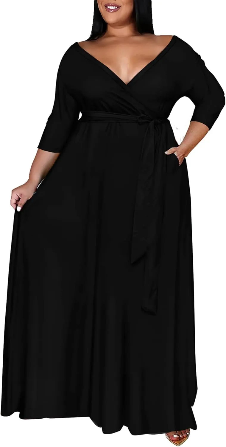 Runwind Plus Size Dress for Women - 3/4 Sleeve V Neck Printing Maxi Dresses for Women （XL-6XL）