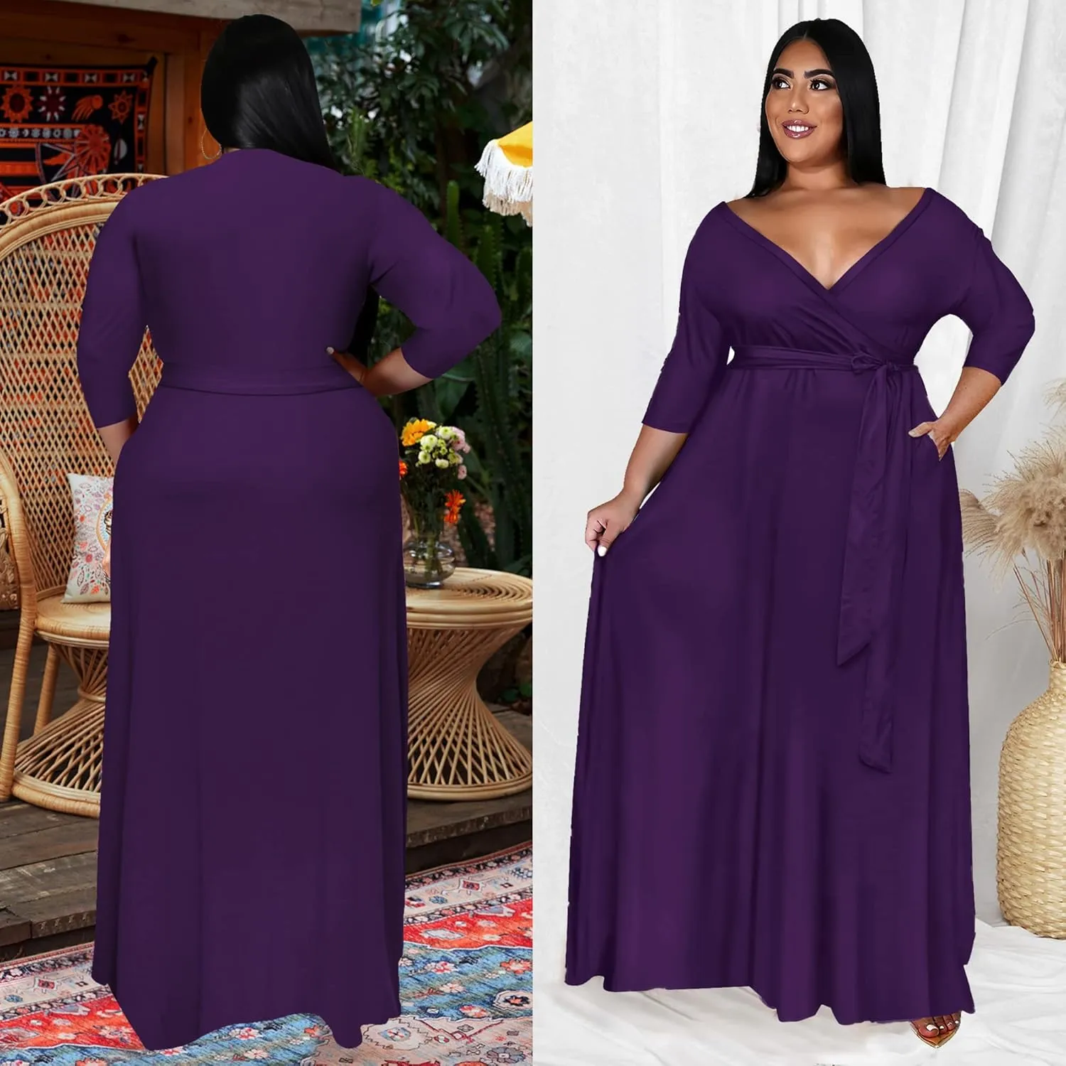 Runwind Plus Size Dress for Women - 3/4 Sleeve V Neck Printing Maxi Dresses for Women （XL-6XL）