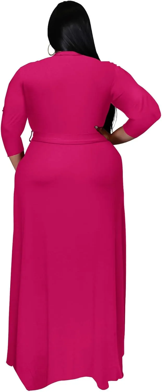 Runwind Plus Size Dress for Women - 3/4 Sleeve V Neck Printing Maxi Dresses for Women （XL-6XL）