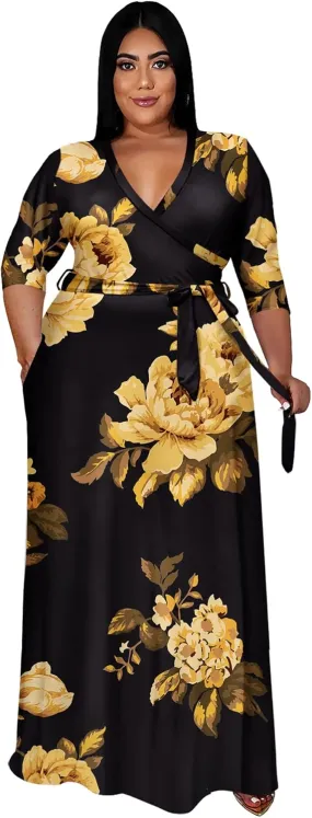 Runwind Plus Size Dress for Women - 3/4 Sleeve V Neck Printing Maxi Dresses for Women （XL-6XL）