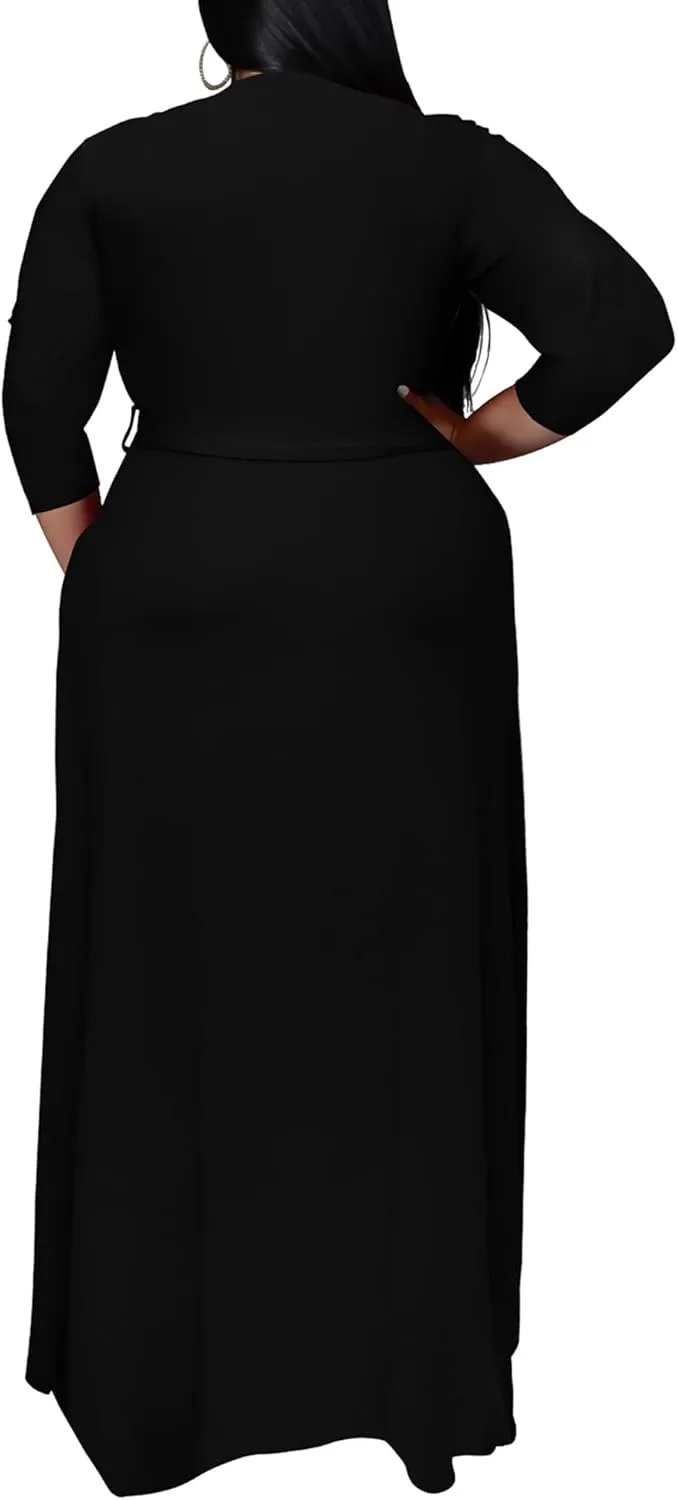 Runwind Plus Size Dress for Women - 3/4 Sleeve V Neck Printing Maxi Dresses for Women （XL-6XL）