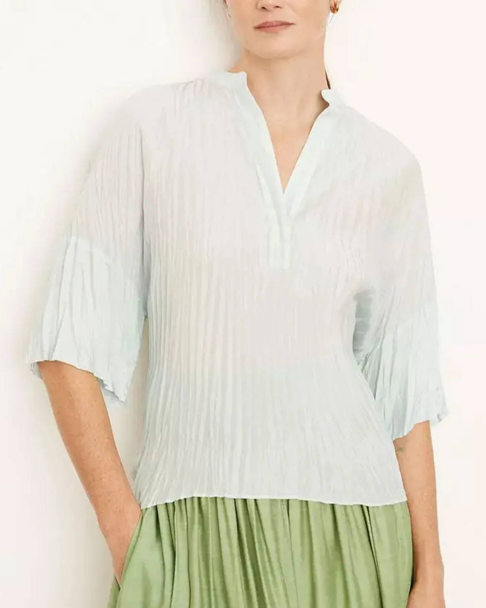 Sky Pleated Short Sleeve Blouse