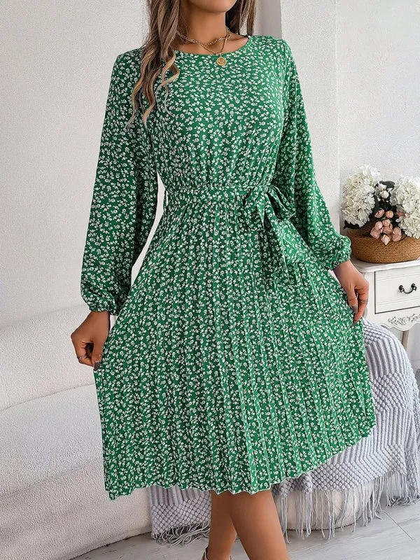 Spring Belted A-Line Dress with Pleats & Long Sleeves in Floral Print