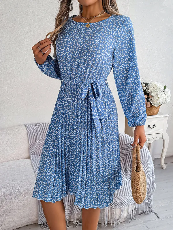 Spring Belted A-Line Dress with Pleats & Long Sleeves in Floral Print