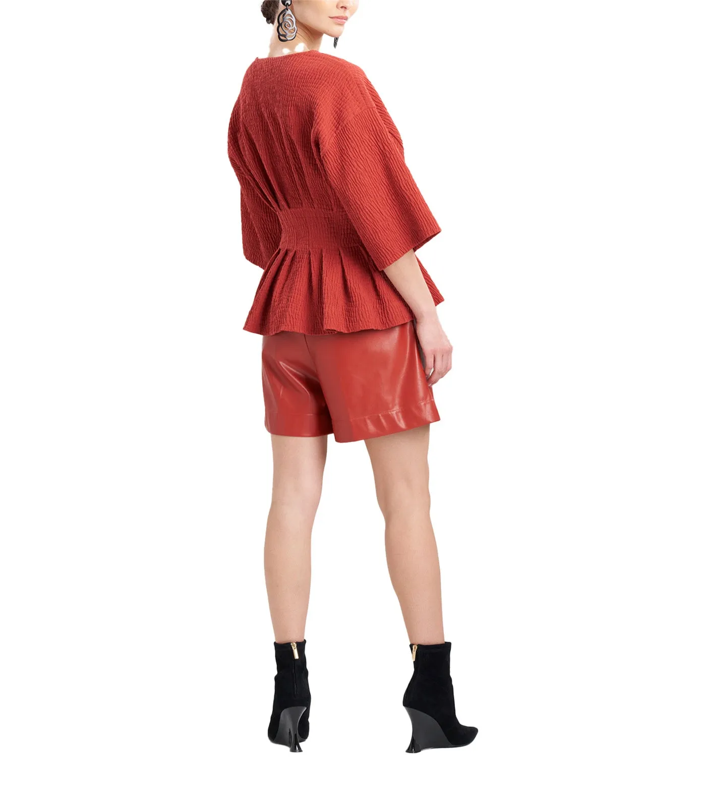Textured Cotton Jacquard Pleated Peplum Top Paprika