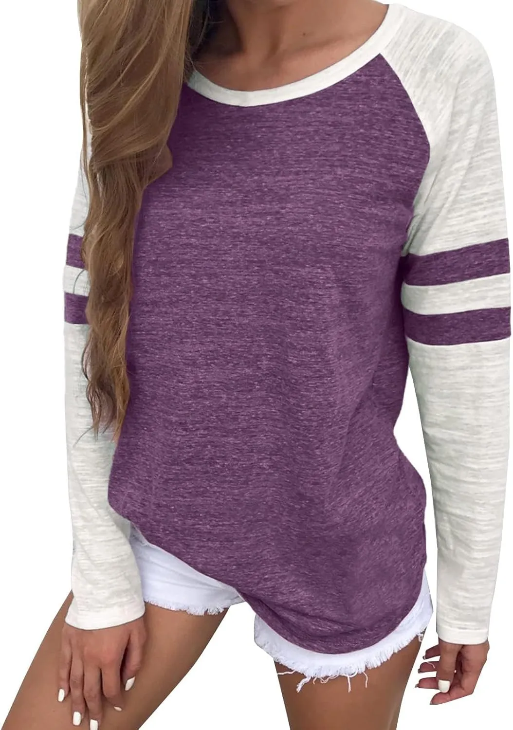 Tops Striped Long Sleeve Shirts for Women Color Block Baseball T-Shirt Crewneck Tops Casual Loose Tees