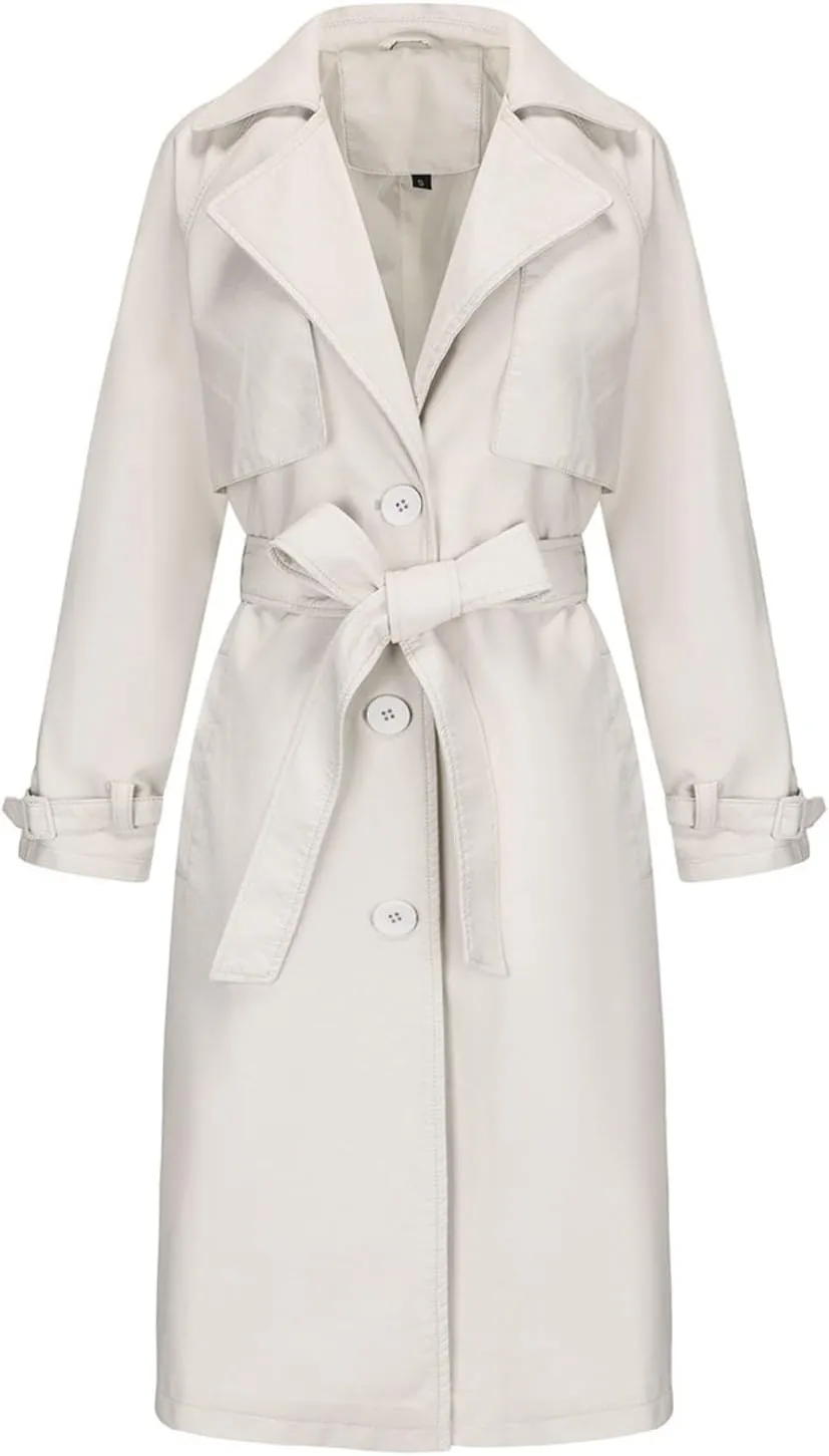 Trench Coat for Women 2024 Lapel Collar Long Leather Coats Casual Winter Windbreaker Jackets Pea Coats with Belt