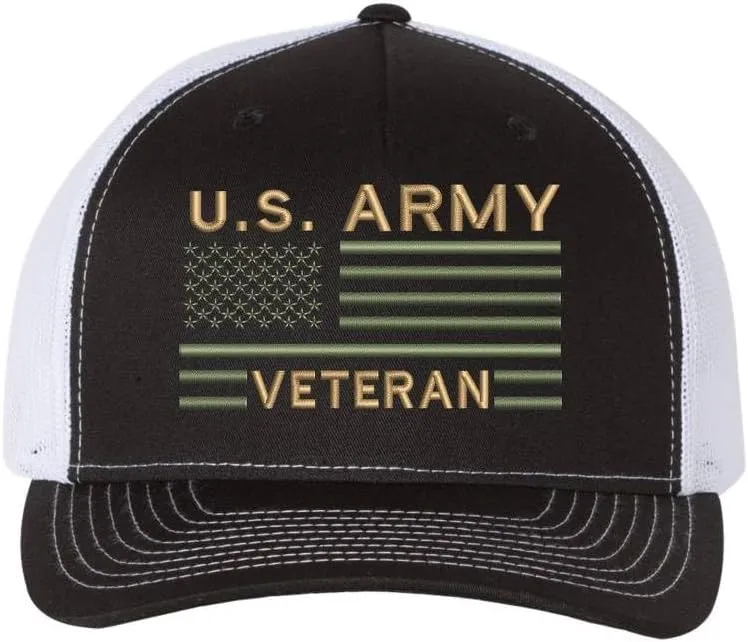 US Army Veteran USA Flag Embroidered Trucker Hat | Structured Mesh Back Military Vet Snap Back Baseball Cap