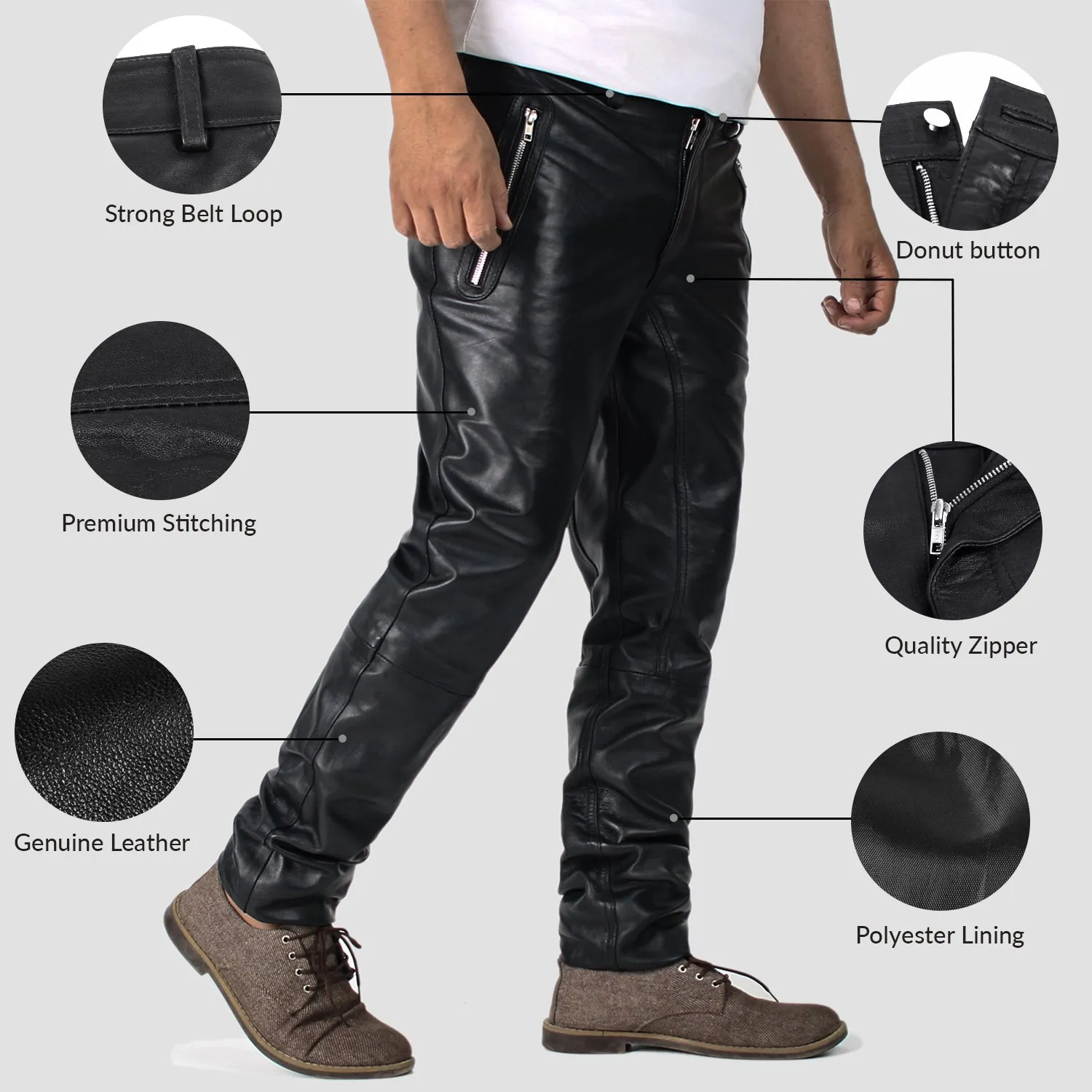 Veyron Men's Black Slim Fit Leather Pants