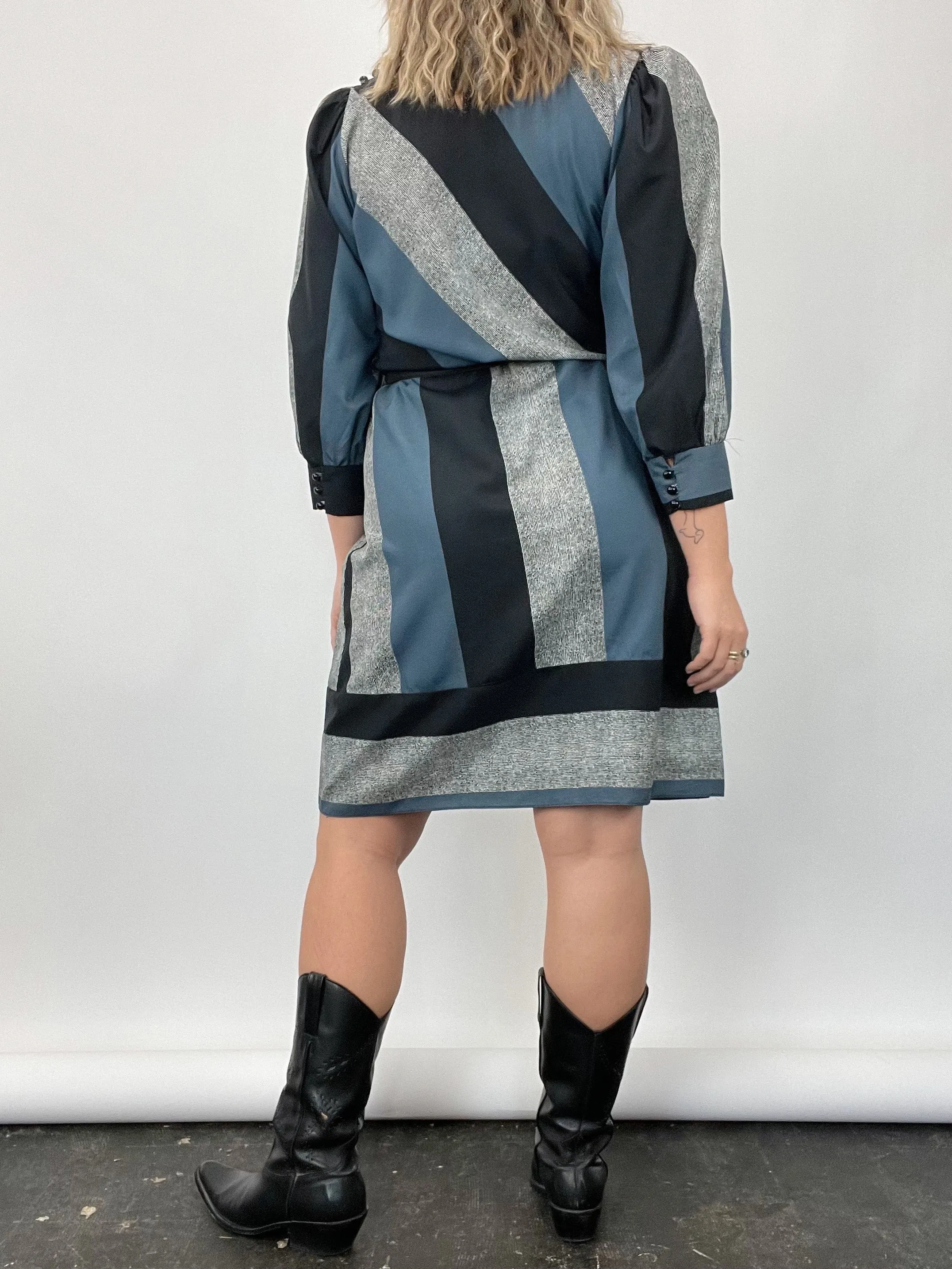 Vintage Striped Puff Sleeve Belted Dress (M/L)