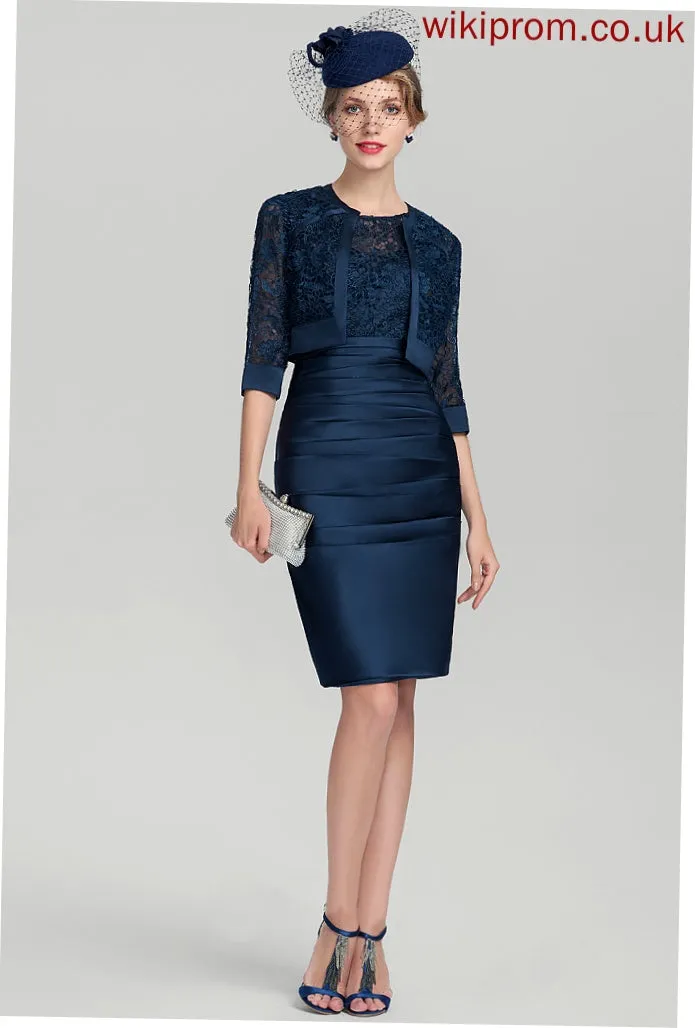 With Scoop Knee-Length Satin Sheath/Column Ruffle Dress Rebecca Mother of the Bride Dresses Neck Bride the Mother Lace of