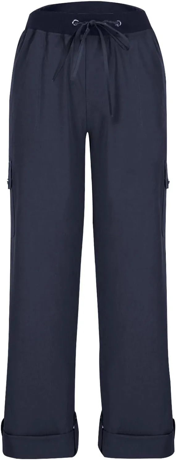 Women Cargo Pants - Straight Wide Leg Trousers with Pockets High Waist Slim Fit Sweatpants Lightweight Buckle Joggers