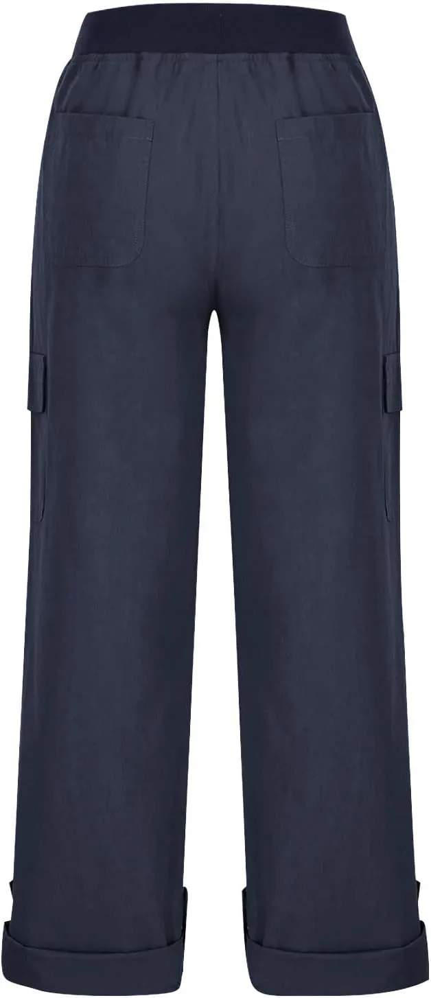 Women Cargo Pants - Straight Wide Leg Trousers with Pockets High Waist Slim Fit Sweatpants Lightweight Buckle Joggers