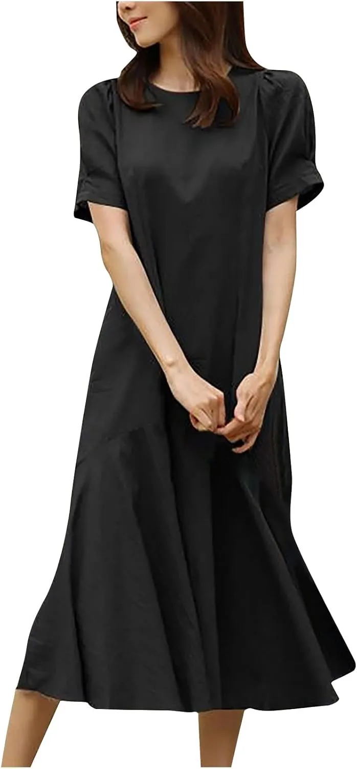 Women Cotton Linen Retro Fishtail Hem T-Shirt Dress Summer Short Sleeve Crewneck Casual Dressy Solid Sheath Dress
