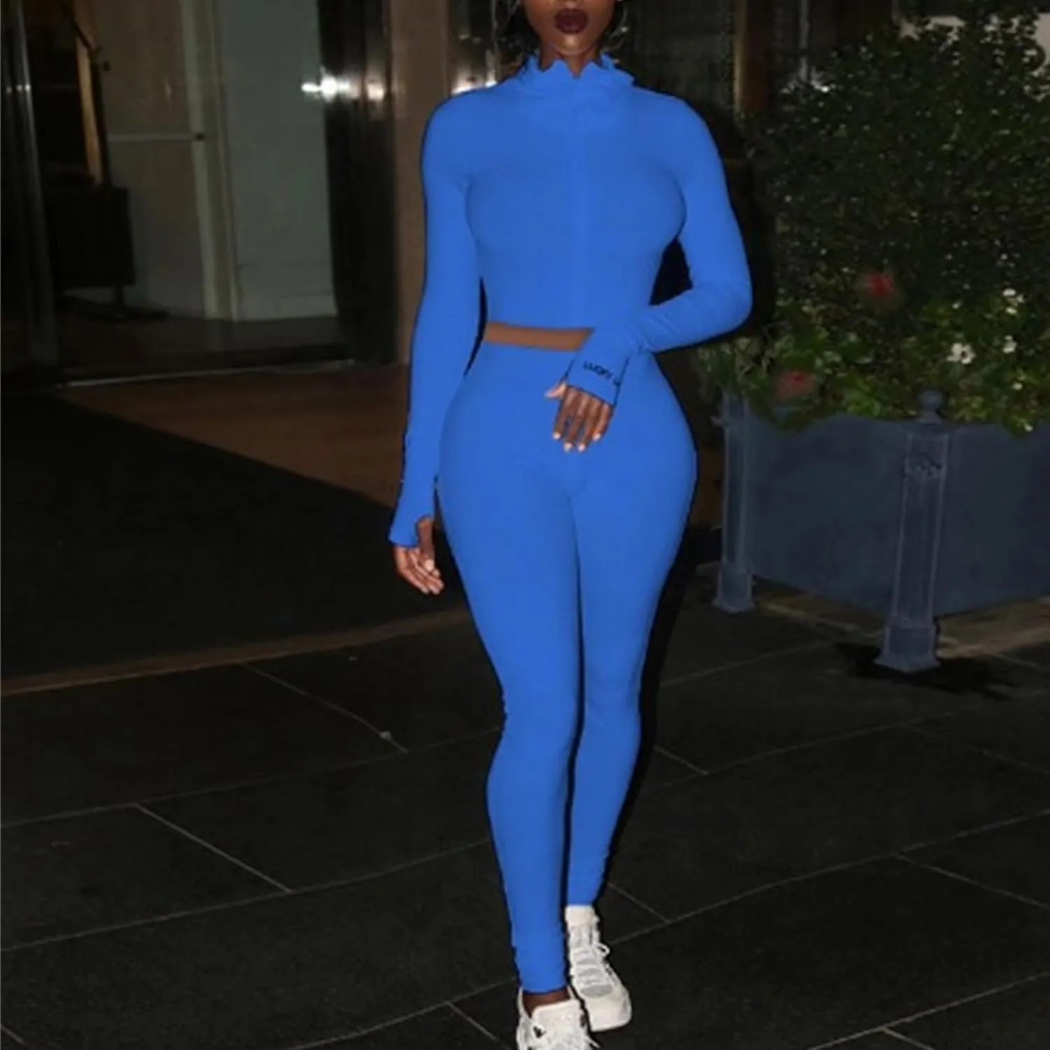 Women Skinny Workout Sets Long Sleeve Basic Slim Crop Hoodies and Cozy Joggers Fashion Streetwear with Pockets