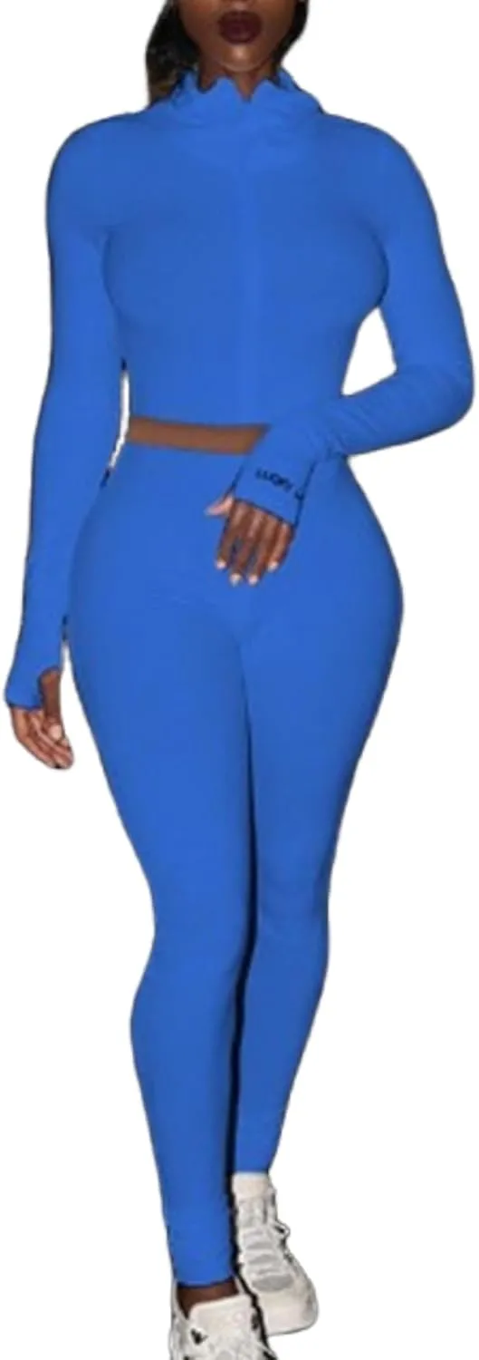 Women Skinny Workout Sets Long Sleeve Basic Slim Crop Hoodies and Cozy Joggers Fashion Streetwear with Pockets