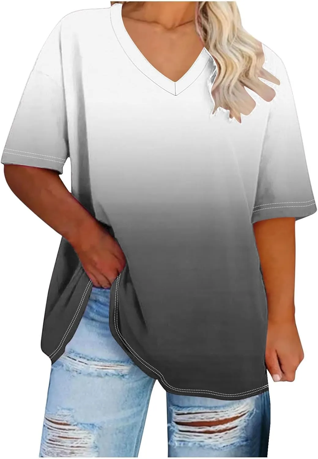 Women Tops Plus Size V Neck Summer Shirts Loose Comfort Short Sleeve Tunic Oversized Casual Blouses Tee for Fat Woman