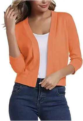 Womens Basic 3/4 Sleeve Open Front Cropped Cardigans Shrug Bolero Knit Sweater Tops Solid Classic Lightweight Coat