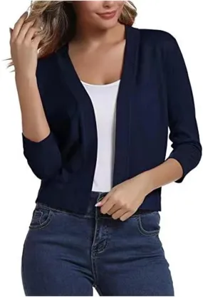Womens Basic 3/4 Sleeve Open Front Cropped Cardigans Shrug Bolero Knit Sweater Tops Solid Classic Lightweight Coat