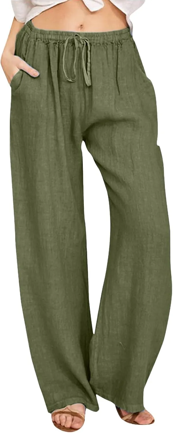 Womens Cotton Linen Summer Loose Flowy Pants Elastic Waisted Lounge Pants Slim-Fit Palazzo Pants Beach