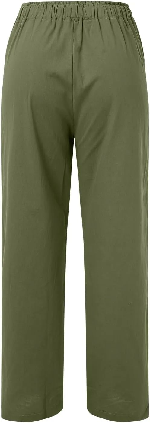 Womens Cotton Linen Summer Loose Flowy Pants Elastic Waisted Lounge Pants Slim-Fit Palazzo Pants Beach