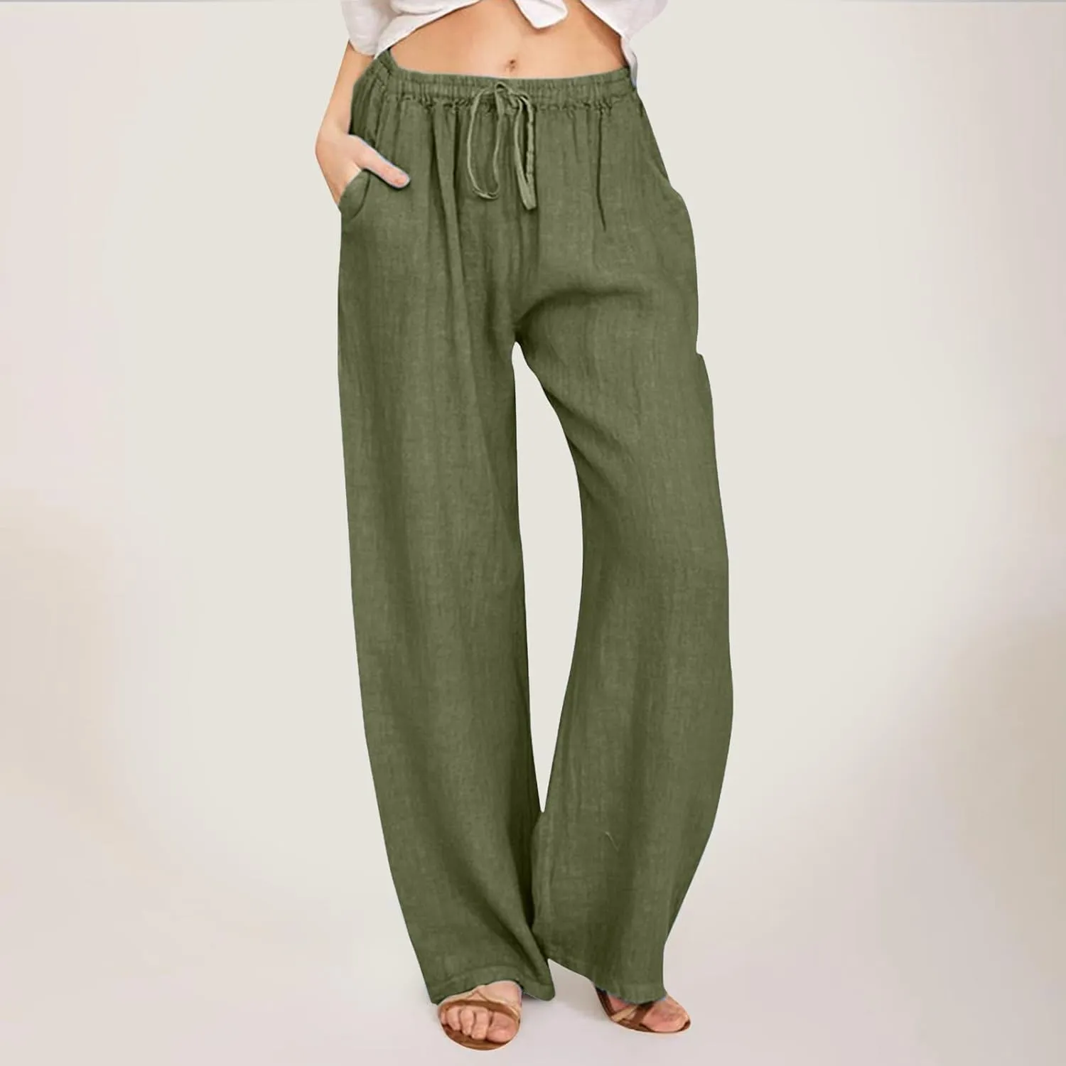 Womens Cotton Linen Summer Loose Flowy Pants Elastic Waisted Lounge Pants Slim-Fit Palazzo Pants Beach