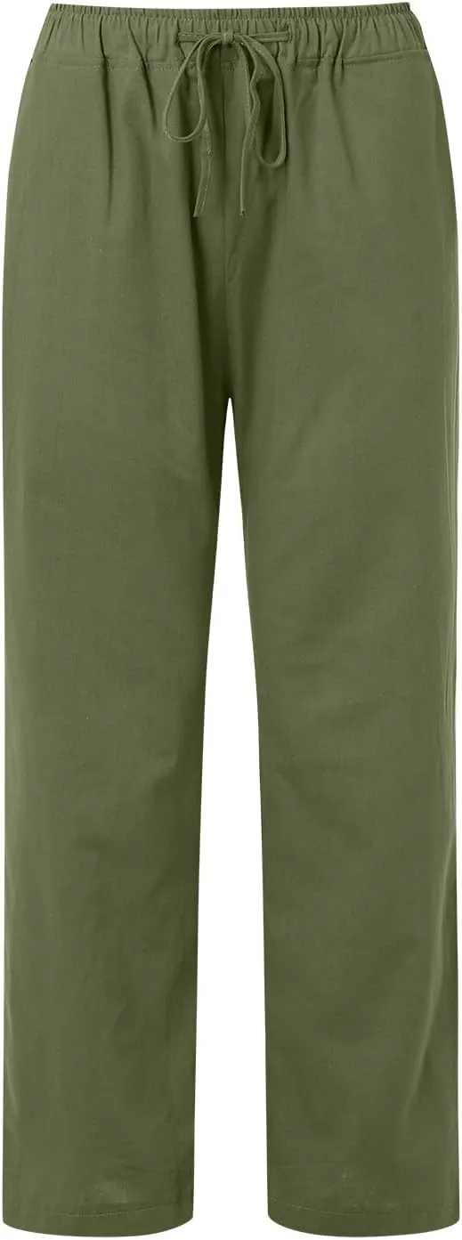 Womens Cotton Linen Summer Loose Flowy Pants Elastic Waisted Lounge Pants Slim-Fit Palazzo Pants Beach