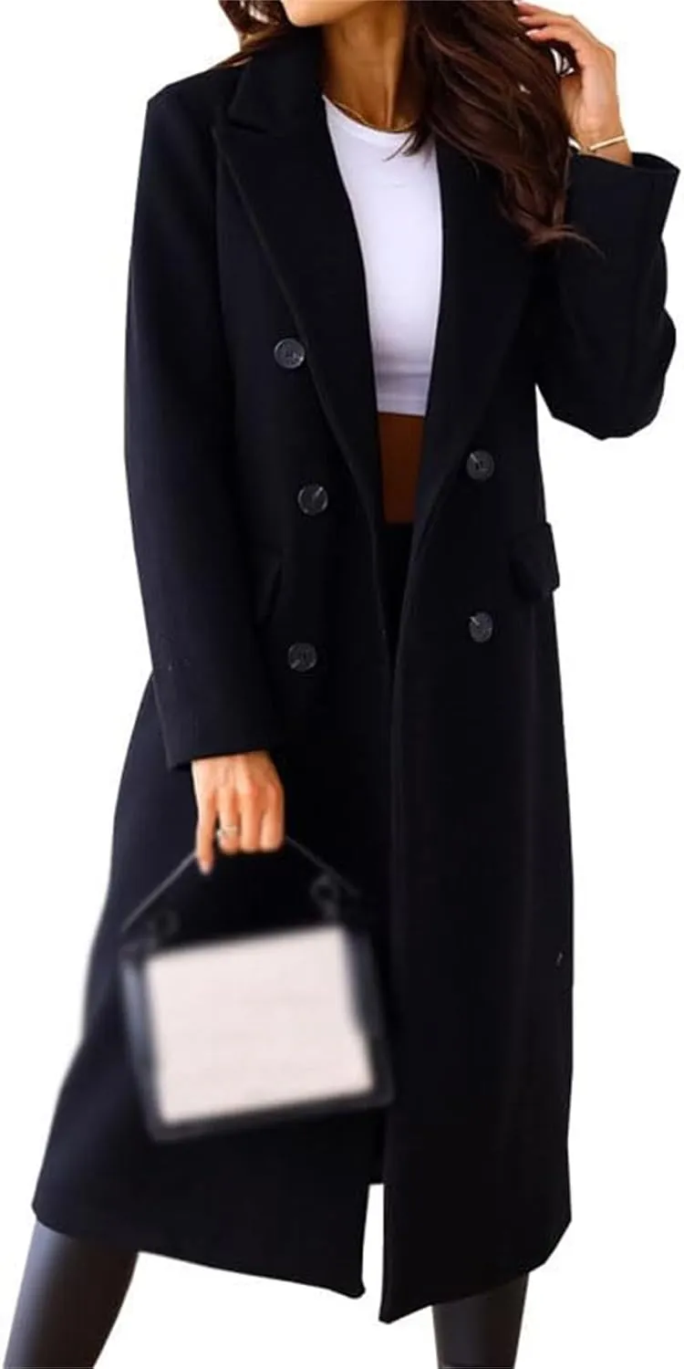Women's Double Breasted Pea Coat,Classic Notched Collar Mid-Long Wool Blend Trench Coat,Womens Winter Coats Long