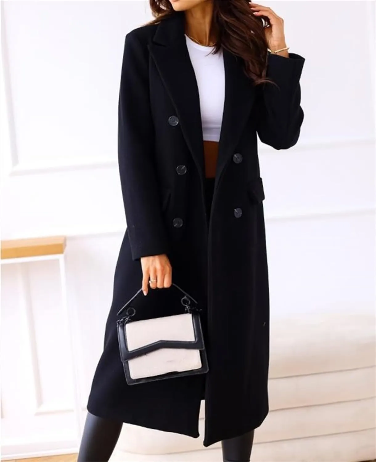 Women's Double Breasted Pea Coat,Classic Notched Collar Mid-Long Wool Blend Trench Coat,Womens Winter Coats Long
